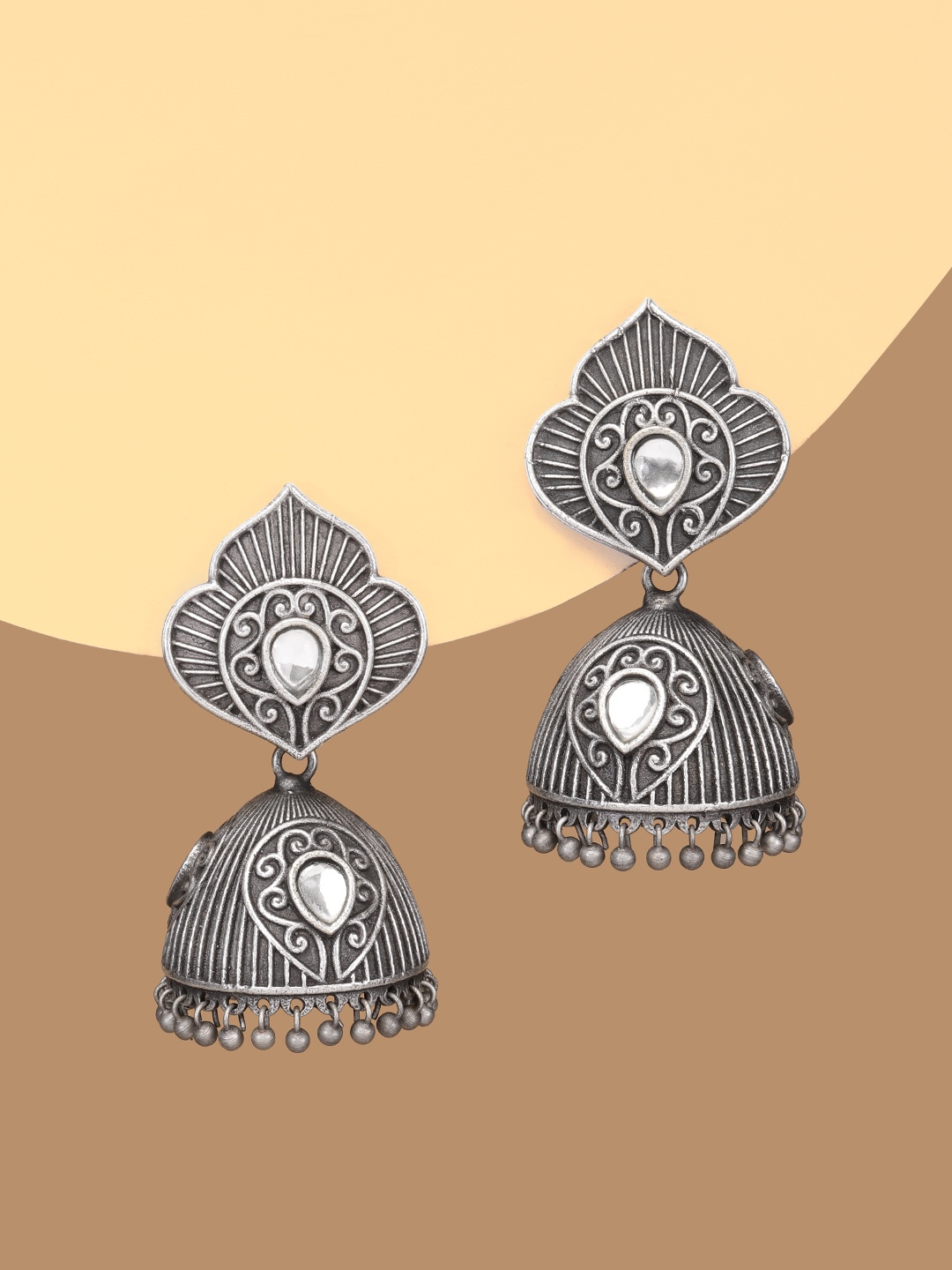 

justpeachy Silver-Toned Dome Shaped Oxidised Jhumkas