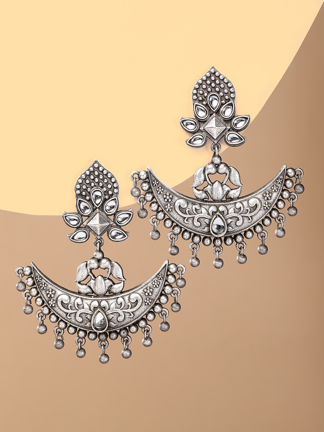

justpeachy Silver-Toned Crescent Shaped Oxidised Drop Earrings