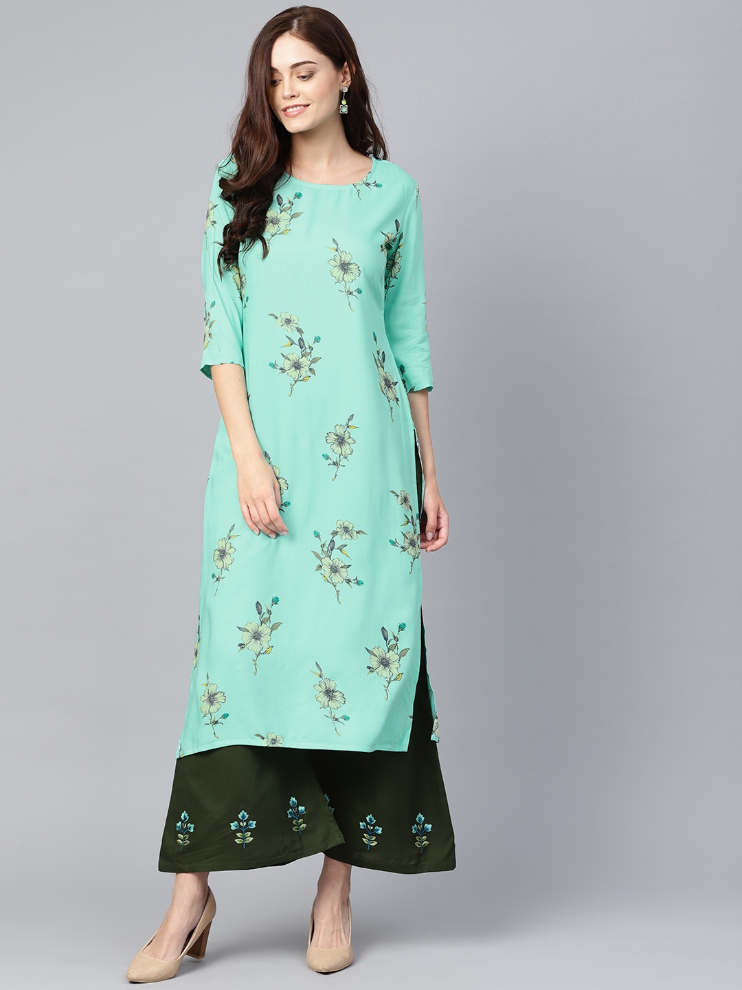 

Yufta Women Blue & Olive Green Printed Kurta with Palazzos