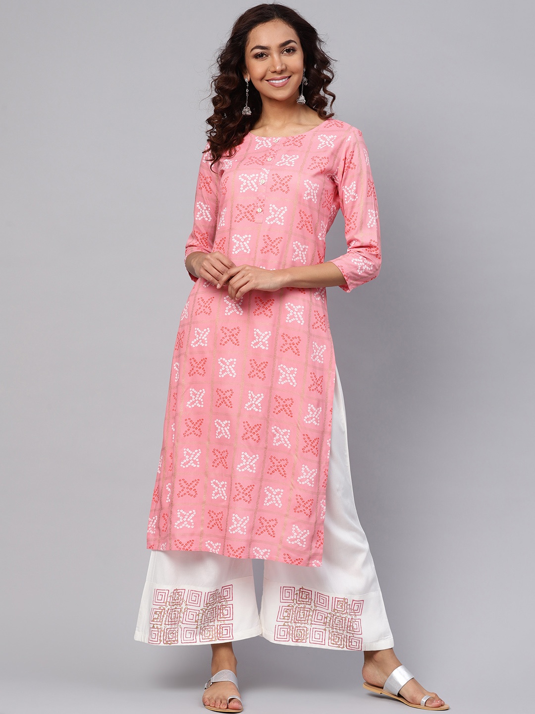 

Yufta Women Pink & White Printed Kurta with Palazzos