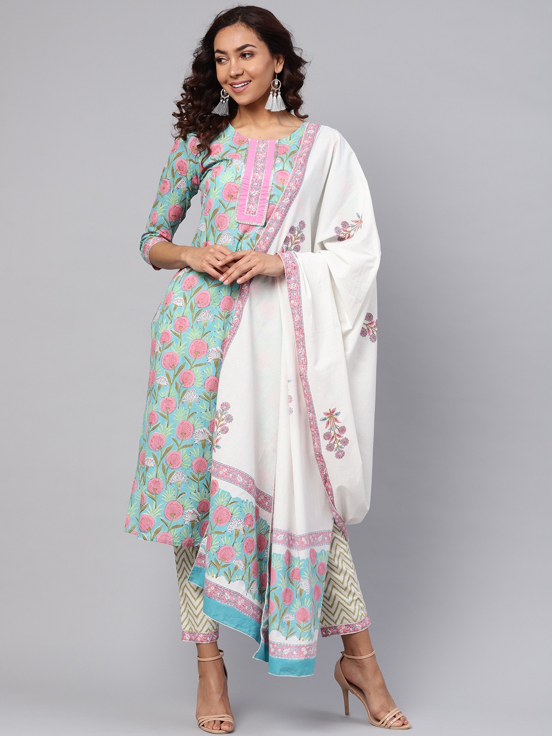 

Yufta Women Blue & Off-White Printed Kurta with Trousers & Dupatta