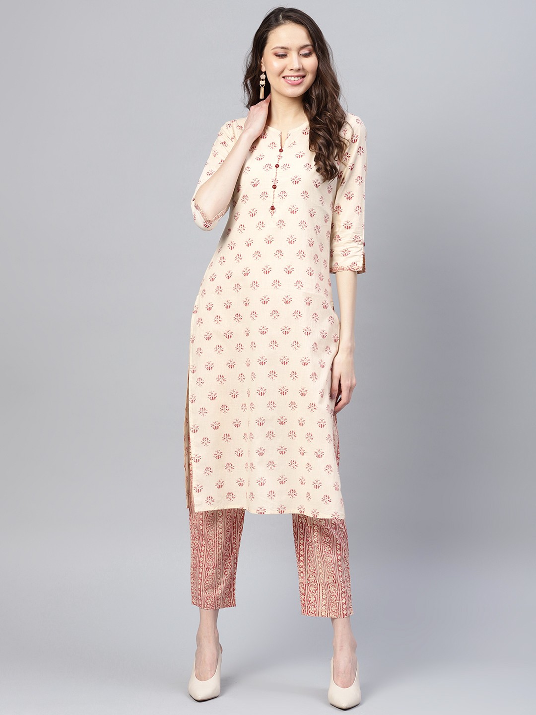 

Yufta Women Beige & Maroon Printed Kurta with Trousers