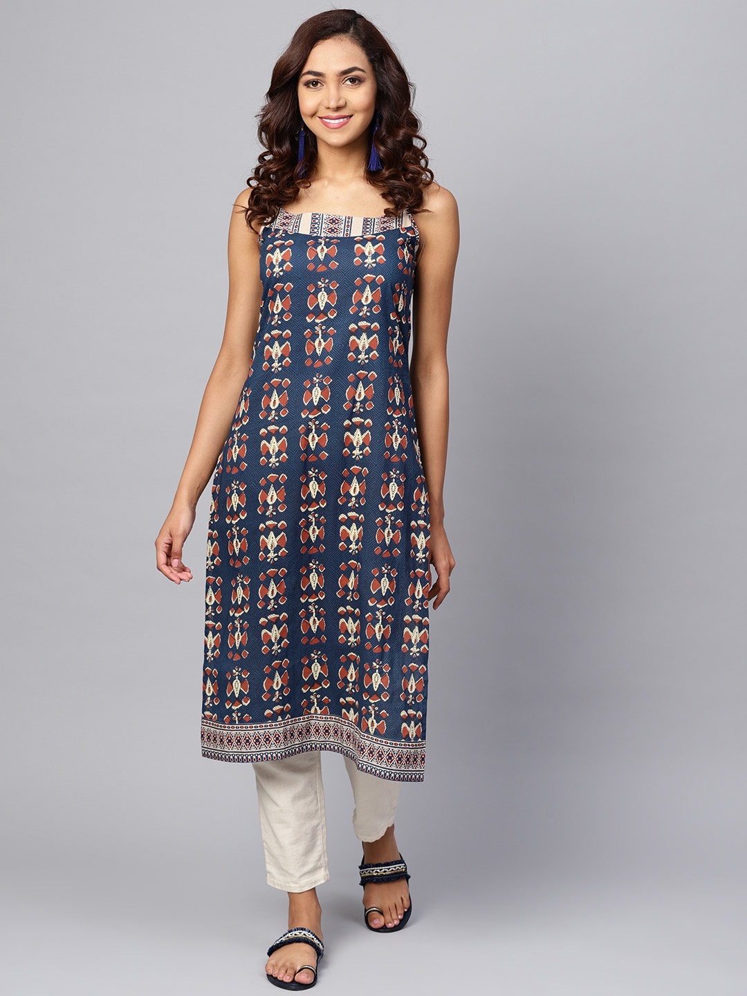 

anayna Women Navy Blue & Rust Orange Printed Straight Kurta