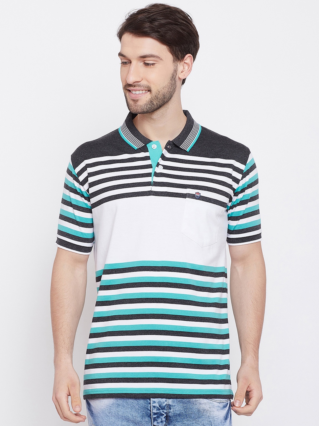 

Duke Men Black Striped Polo Collar T-shirt