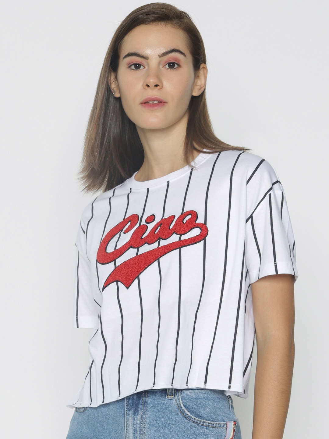 

ONLY Women White & Black Striped Pure Cotton Top