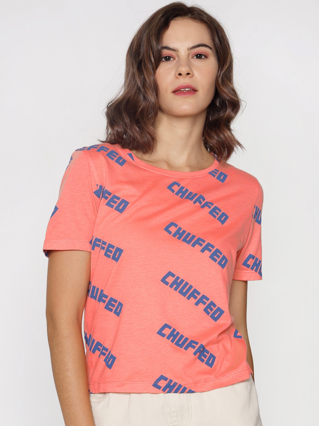 

ONLY Women Coral Pink Printed Round Neck T-shirt