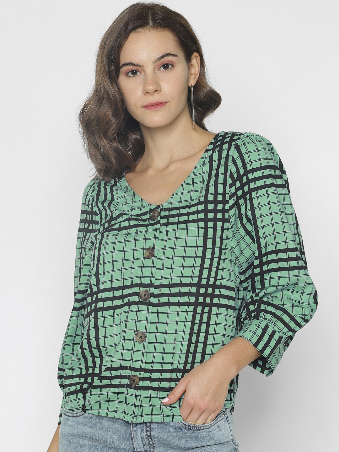 

ONLY Women Green & Black Checked Shirt Style Top