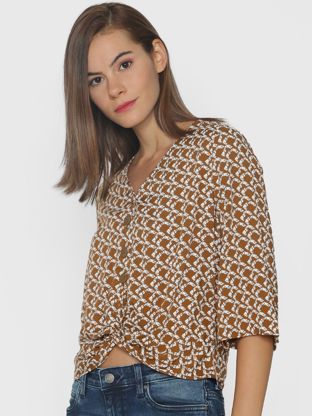 

ONLY Women Brown & White Printed Cropped Top