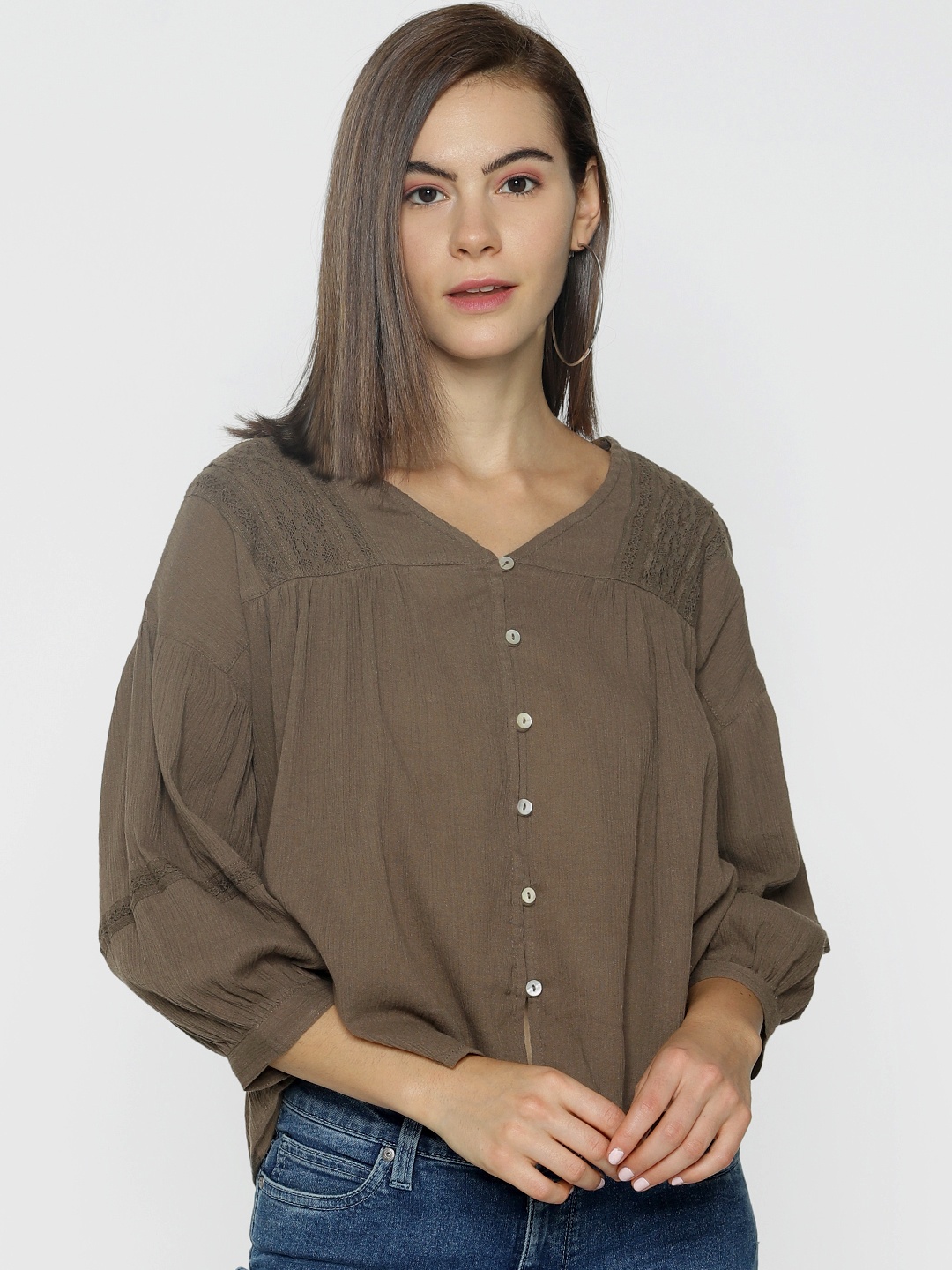 

ONLY Women Brown Solid Pure Cotton Top, Olive