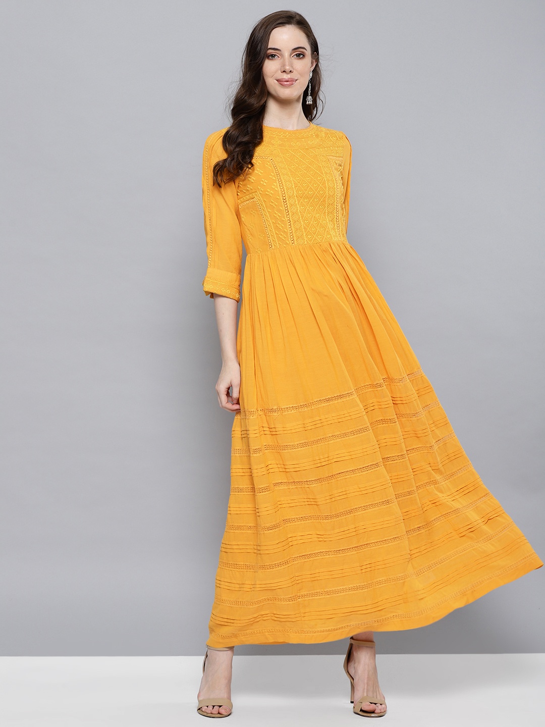 

Label Ritu Kumar Women Mustard Yellow Embroidered Detail Maxi Dress