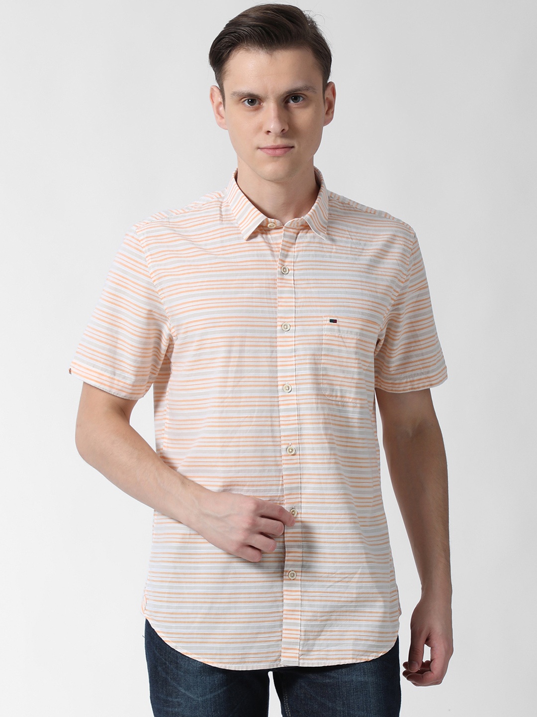 

Peter England Casuals Men Orange & Grey Slim Fit Striped Casual Shirt