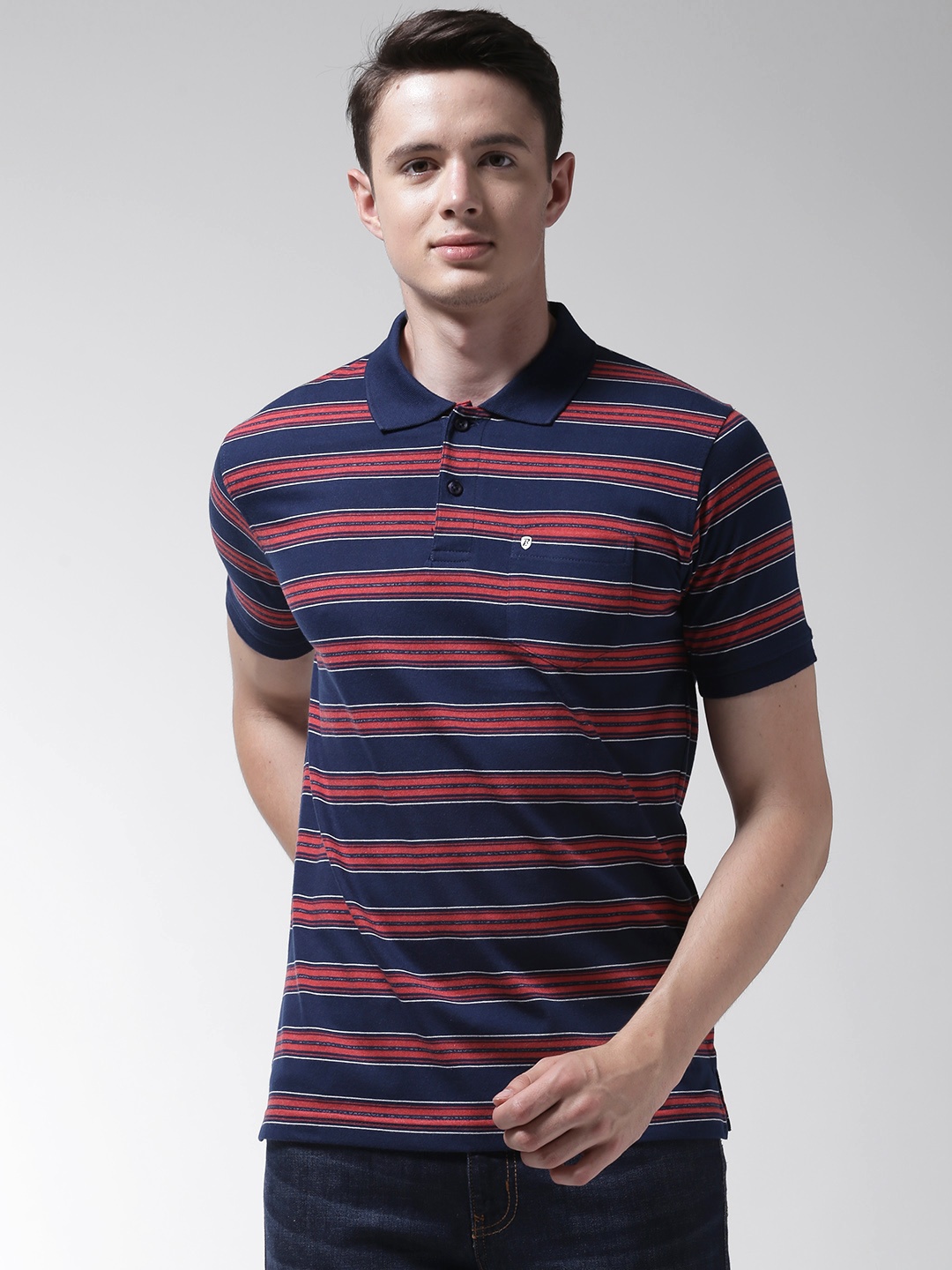 

Richlook Men Navy Blue & Red Striped Polo Collar T-shirt