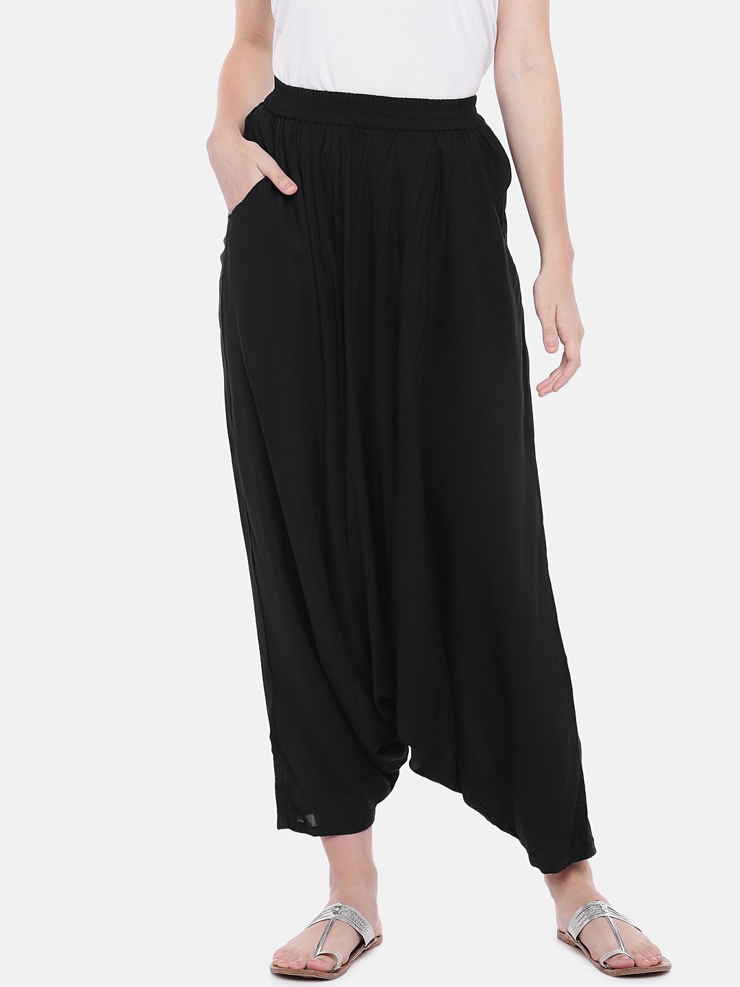 

Globus Women Black Loose Fit Solid Drop Crotch Trousers