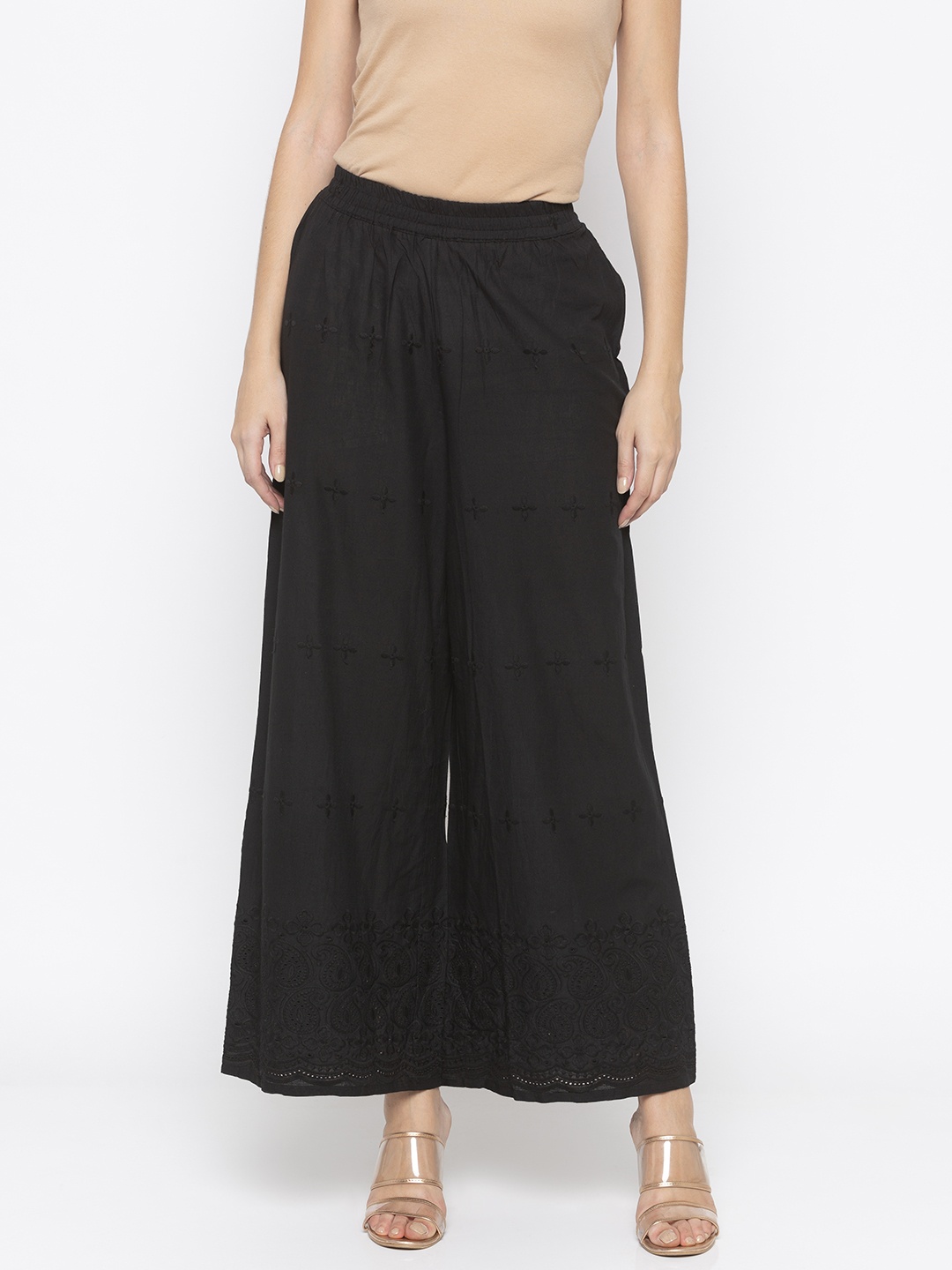 

Globus Women Black Embroidered Wide Leg Palazzos