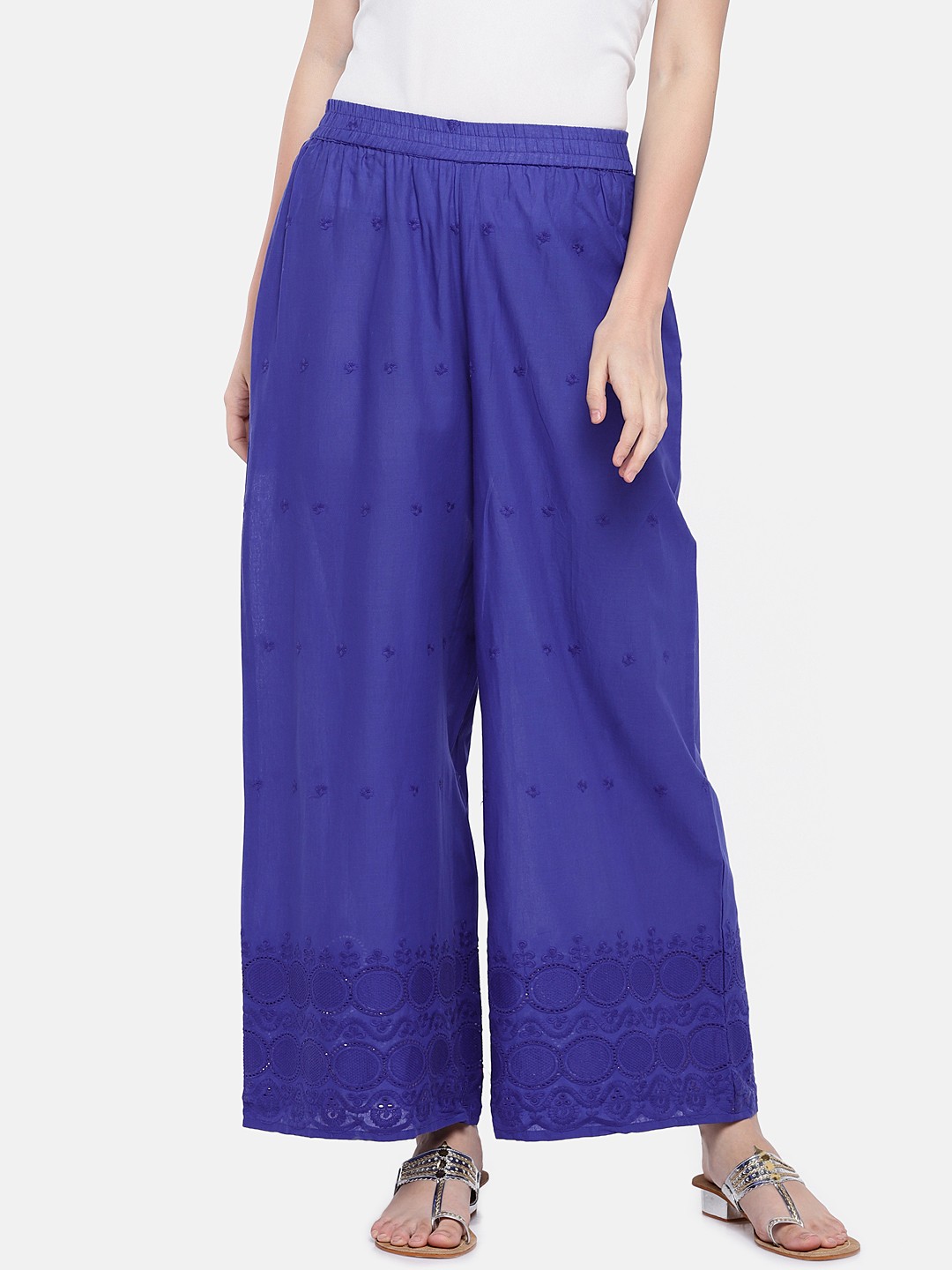 

Globus Women Blue Embroidered Straight Palazzos