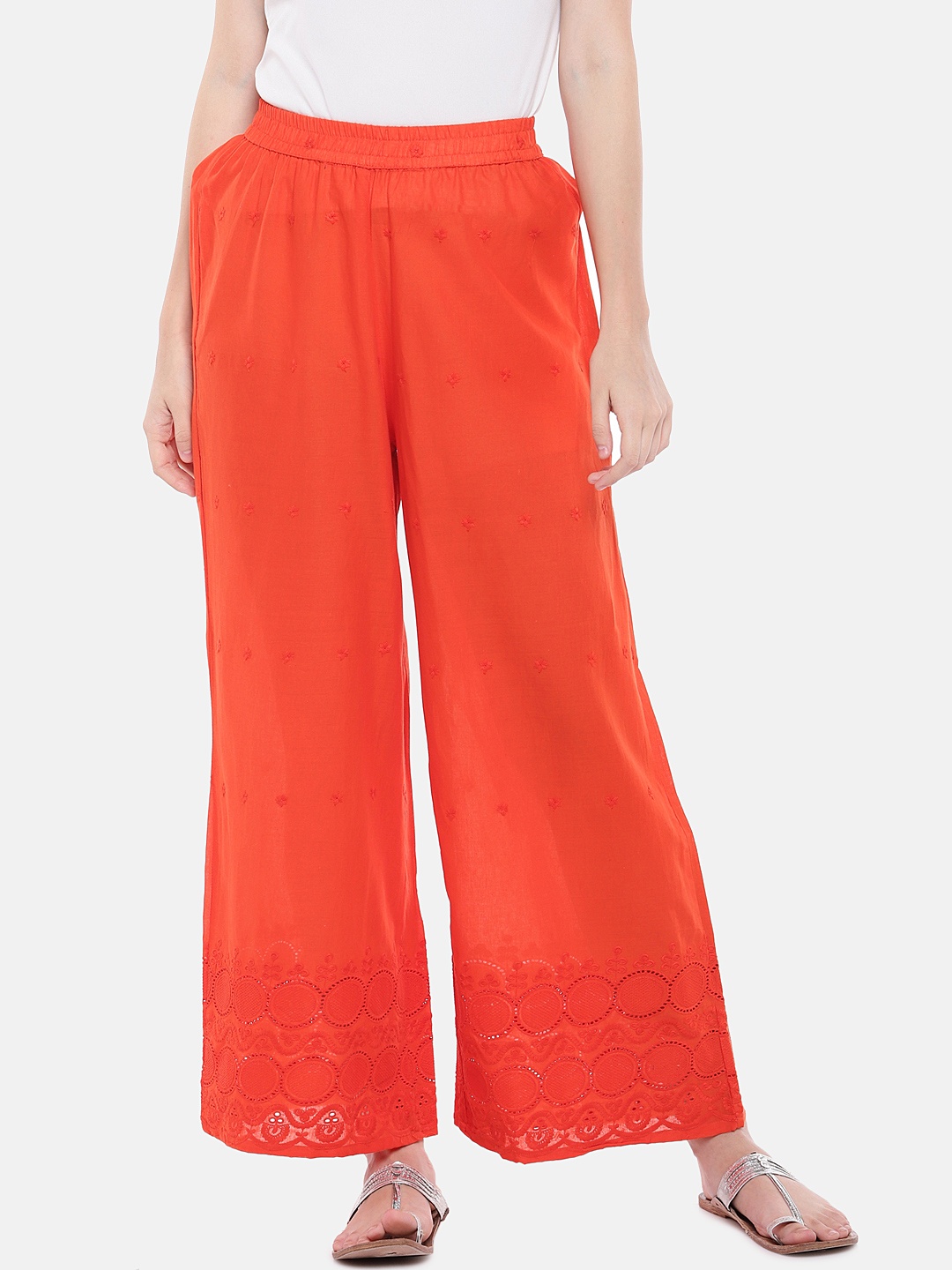 

Globus Women Orange Loose Fit Self Design Parallel Trousers