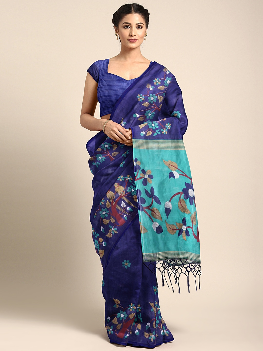 

Satrani Navy Blue Printed Poly Silk Saree