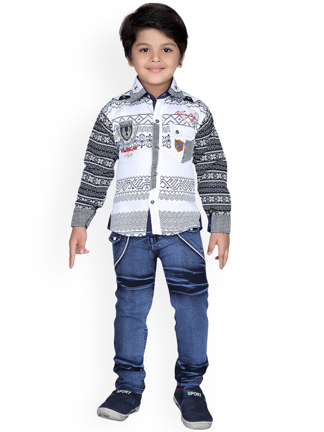 

Kidling Boys White & Blue Printed Shirt with Trousers