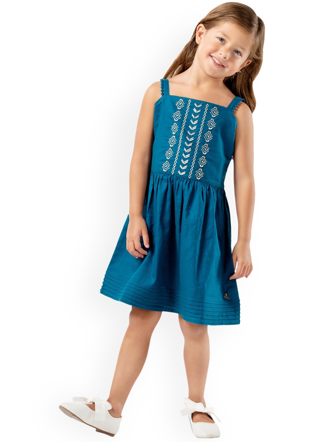 

Cherry Crumble Girls Teal Blue Printed Fit and Flare Dress