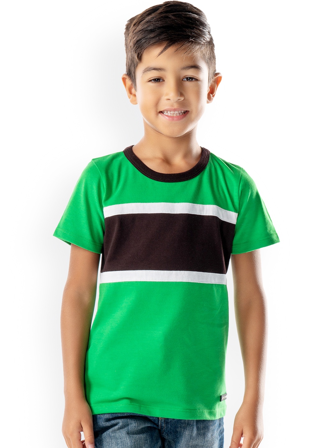 

Cherry Crumble Boys Green Colourblocked Round Neck T-shirt