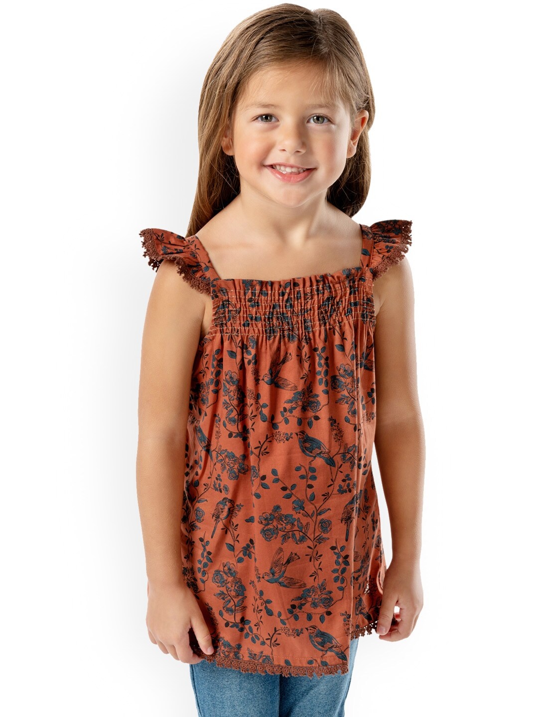 

Cherry Crumble Girls Brown Printed A-Line Cotton Top