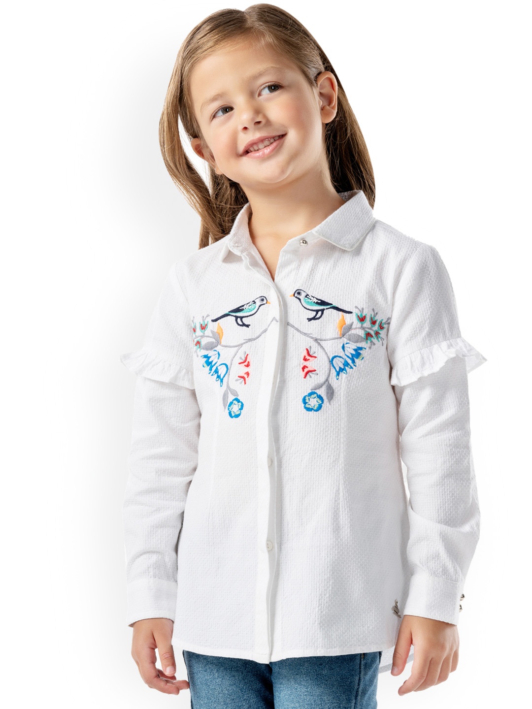 

Cherry Crumble Girls White Printed Shirt Style Pure Cotton Top