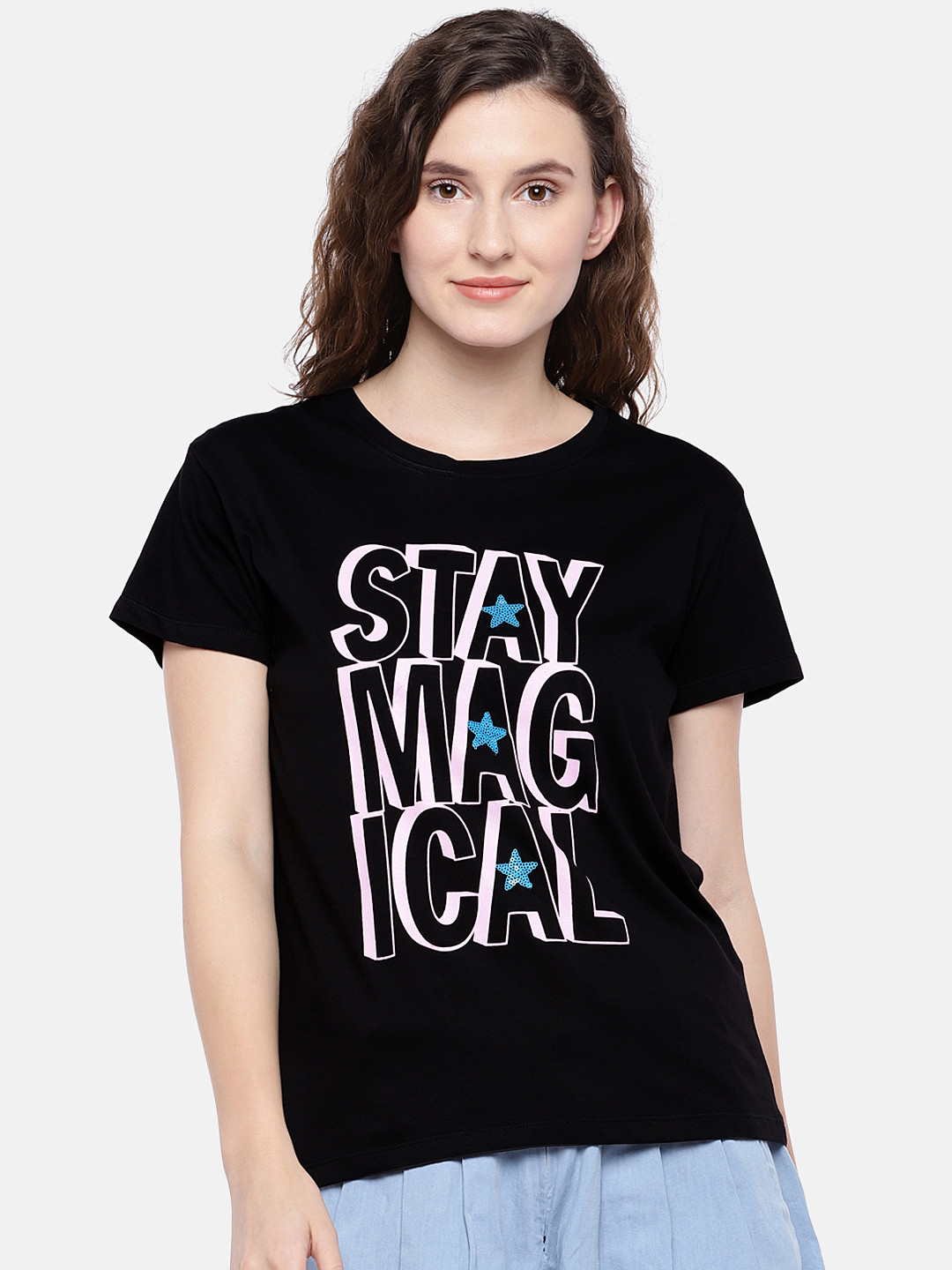 

Globus Women Black Printed Round Neck T-shirt