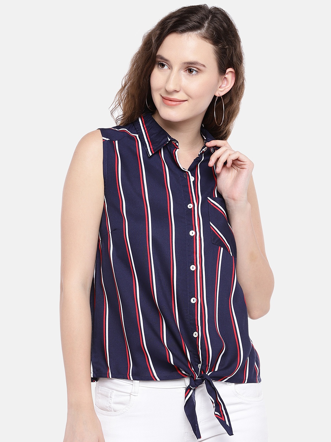 

Globus Women Navy Blue Regular Fit Striped Casual Shirt