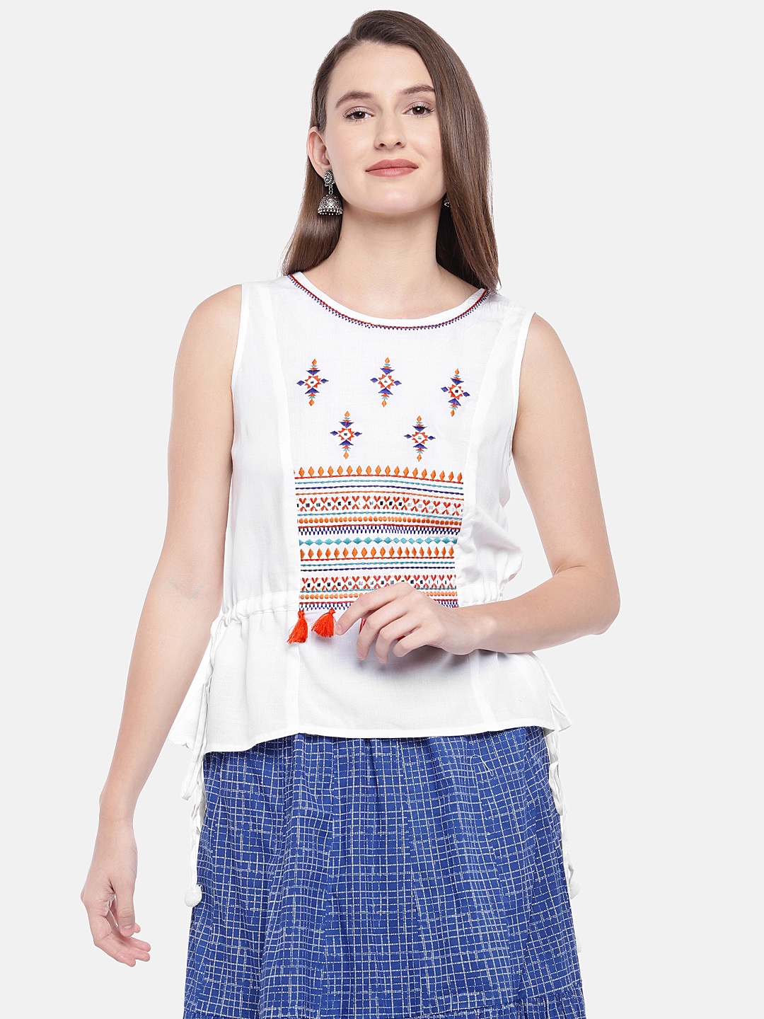 

Globus Women White Solid Embroidered Top
