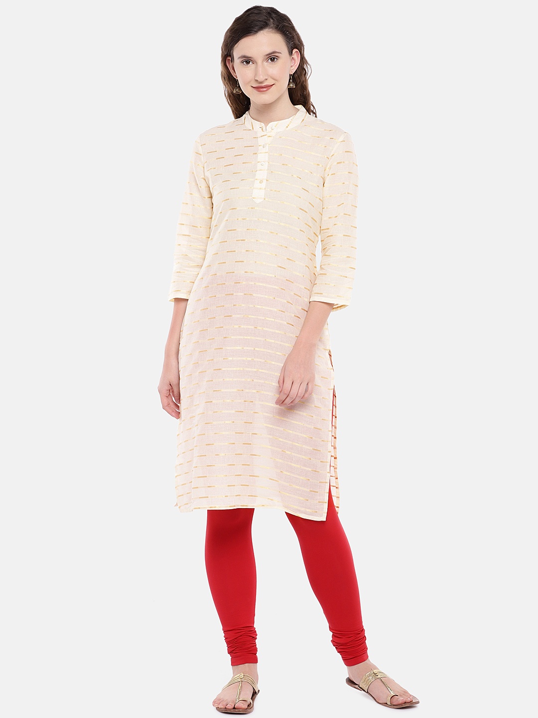 

Globus Women Cream-Coloured & Gold-Toned Printed Straight Kurta