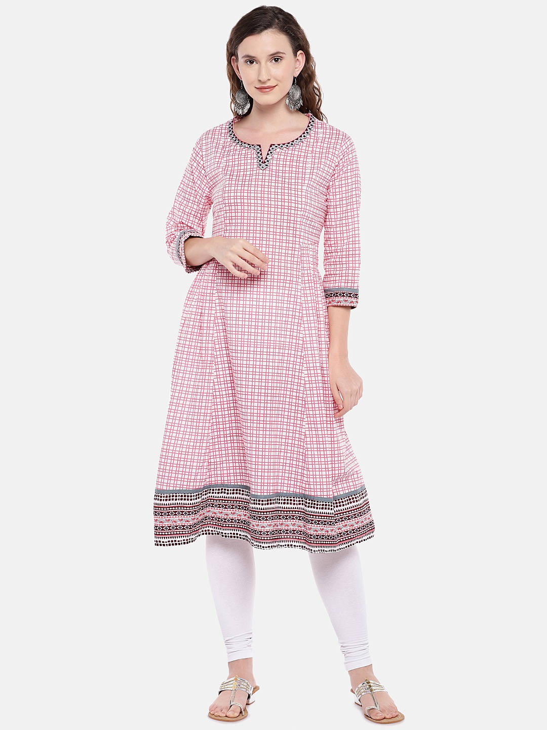 

Globus Women Pink & Off-White Checked A-Line Kurta