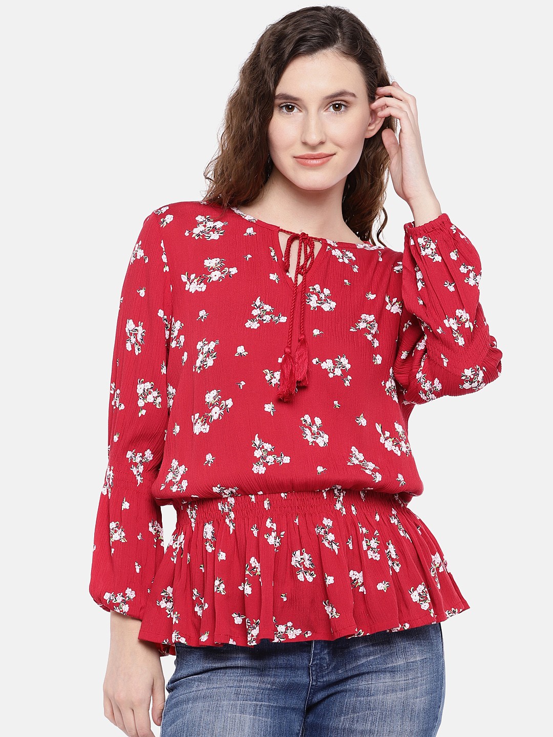 

Globus Women Red Striped Blouson Top