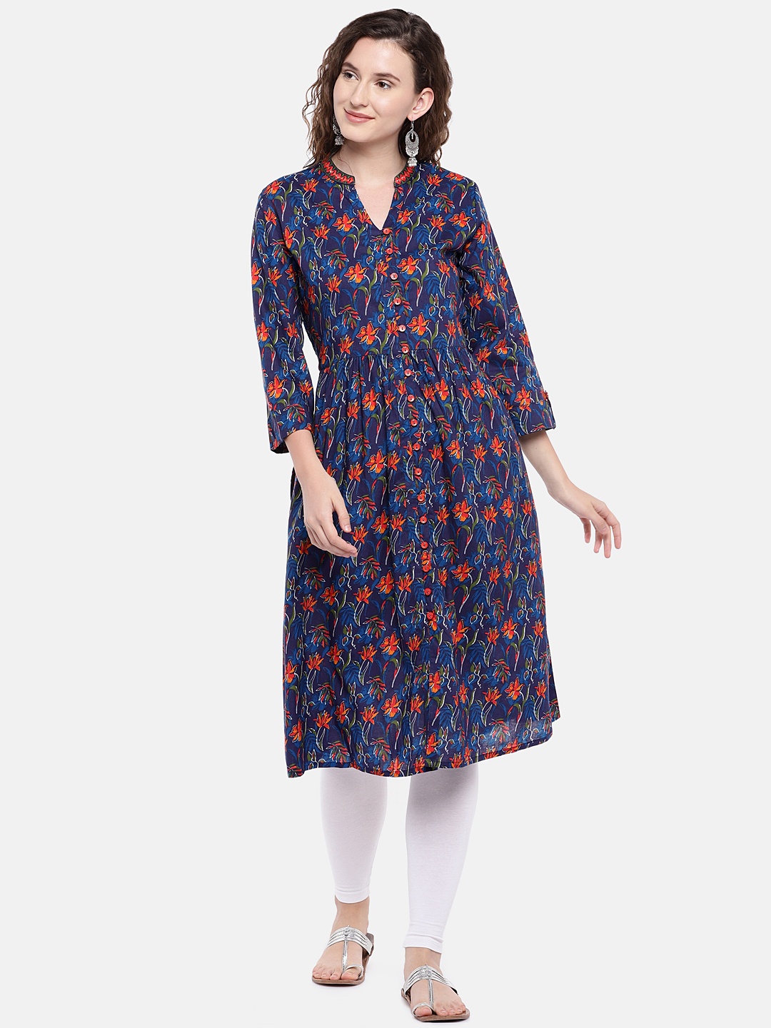 

Globus Women Navy Blue & Orange Printed A-Line Kurta