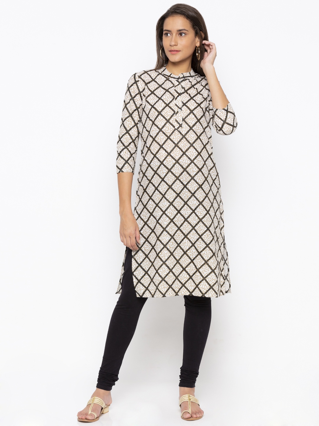 

Globus Women Beige & Black Printed Straight Kurta