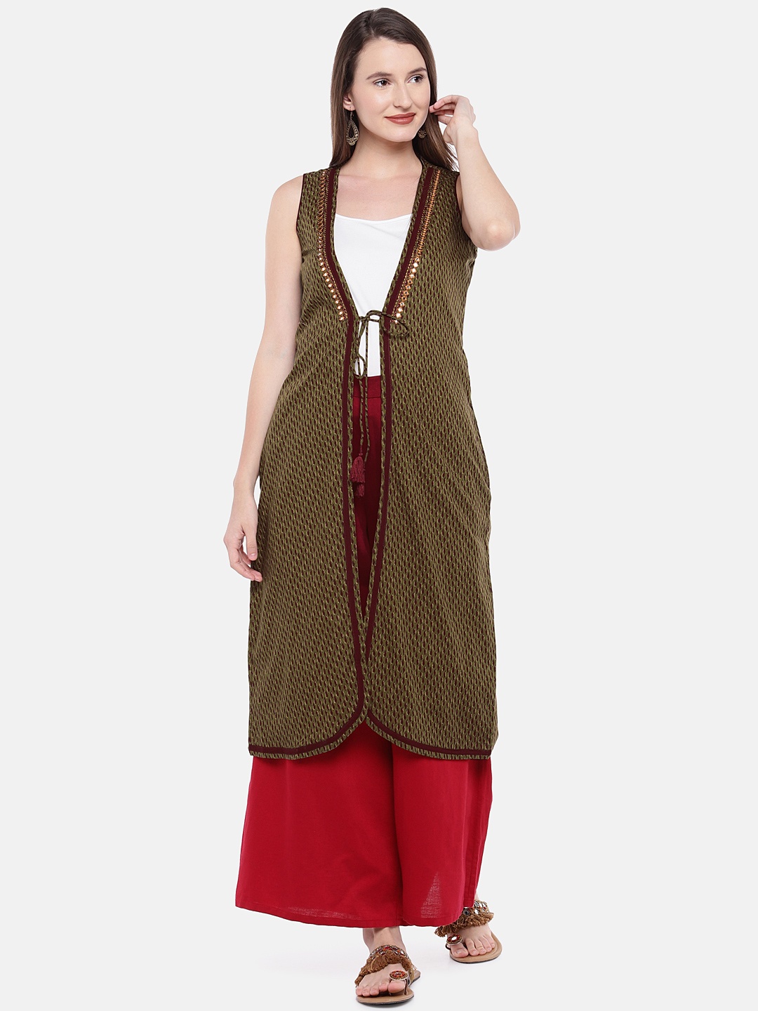 

Globus Olive Green Printed Open Front Longline Shrug