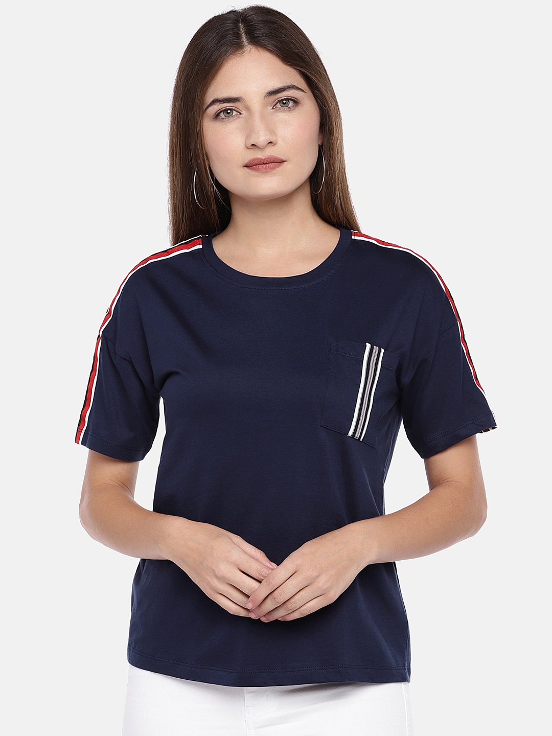 

Globus Women Navy Blue Solid Round Neck T-shirt