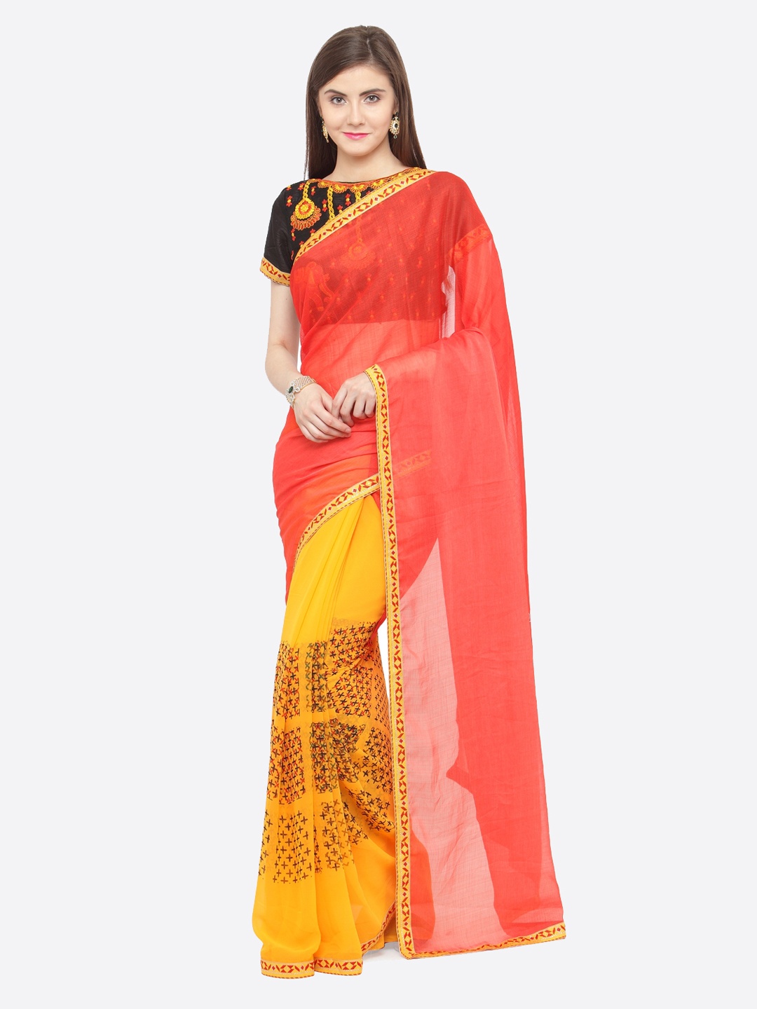 

Shaily Coral Pink & Yellow Pure Georgette Embellished Saree