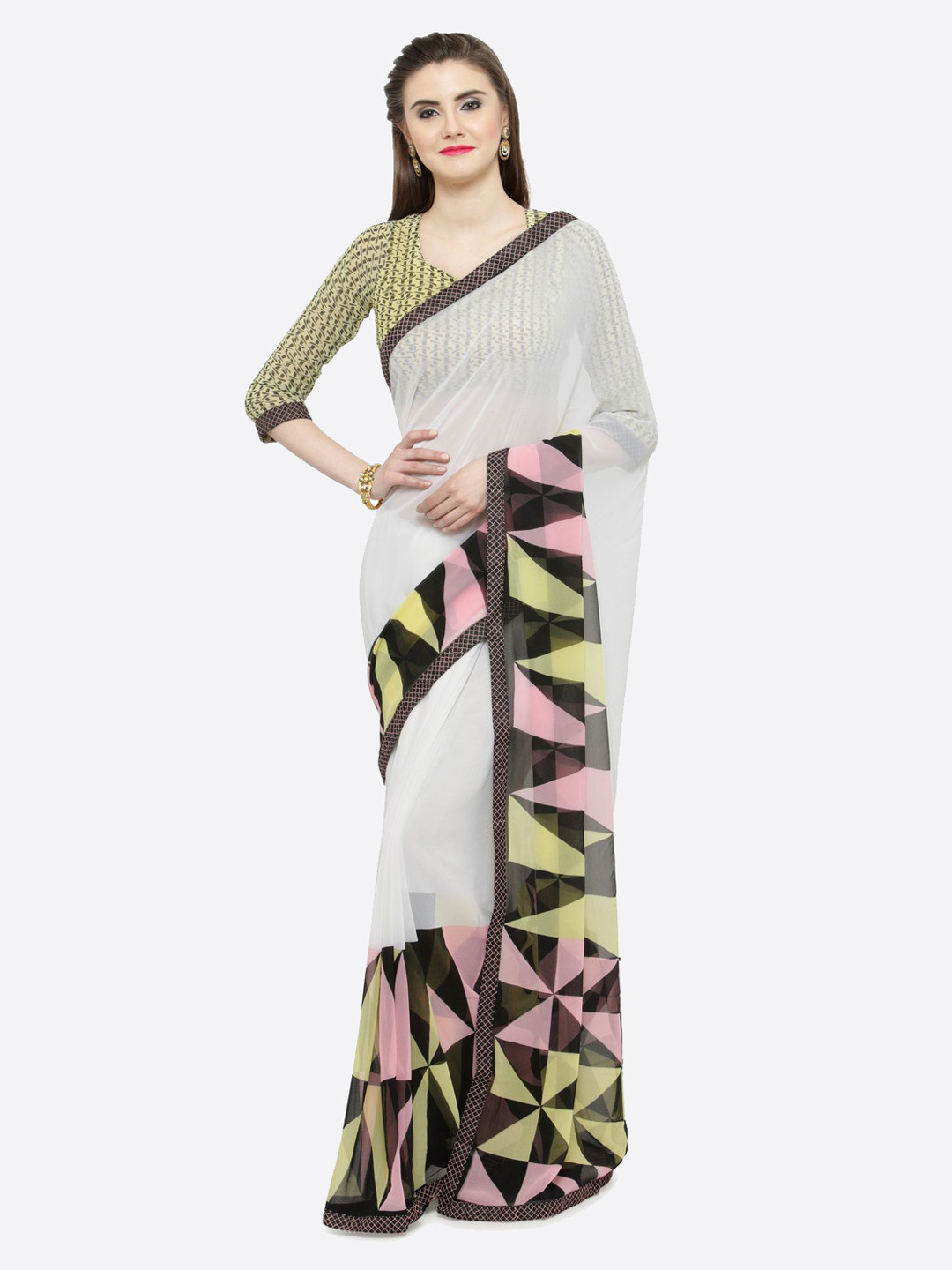 

Shaily Off-White & Yellow Pure Georgette Printed Saree