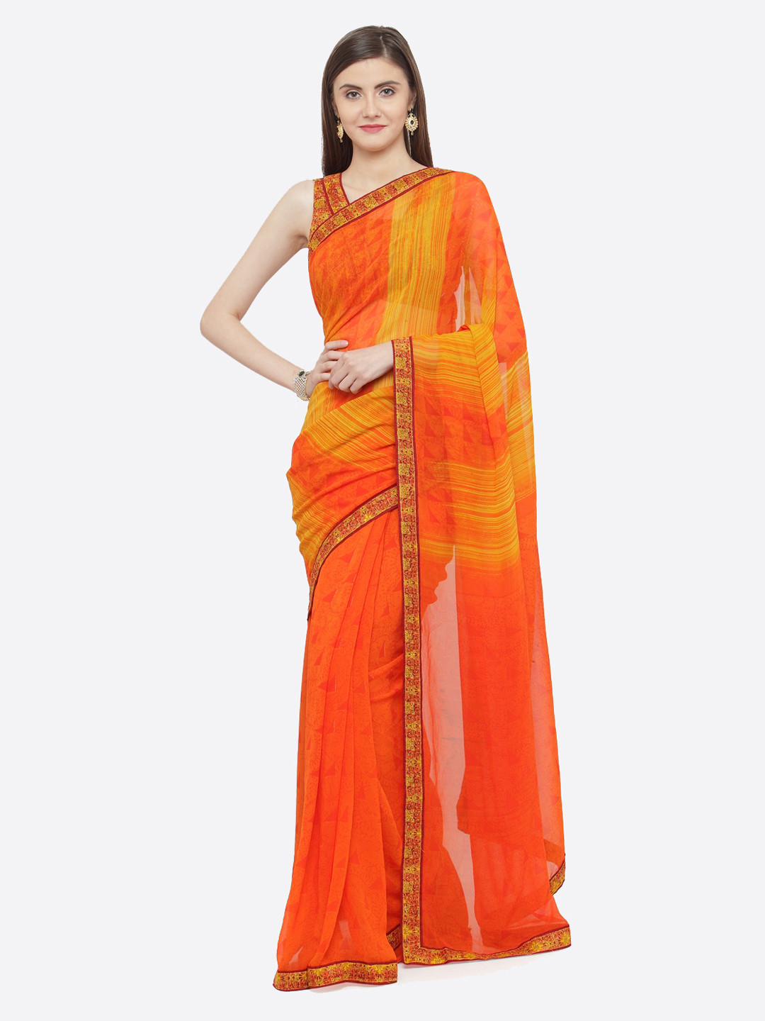 

Shaily Orange & Yellow Striped Saree