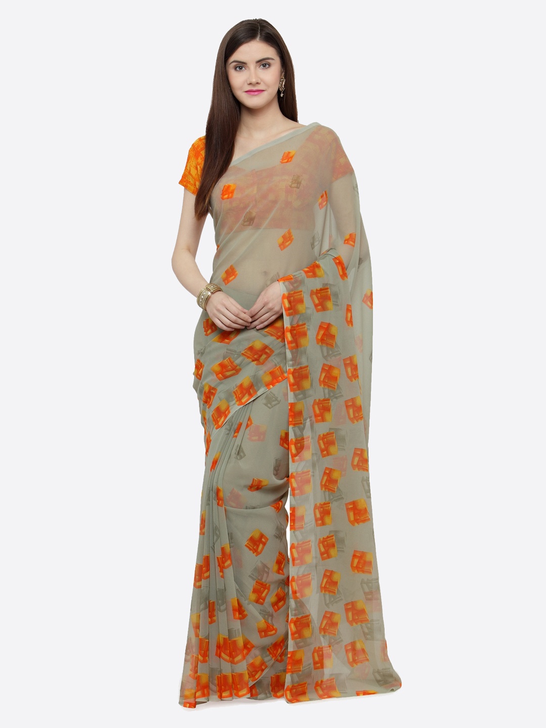 

Shaily Grey & Orange Printed Saree