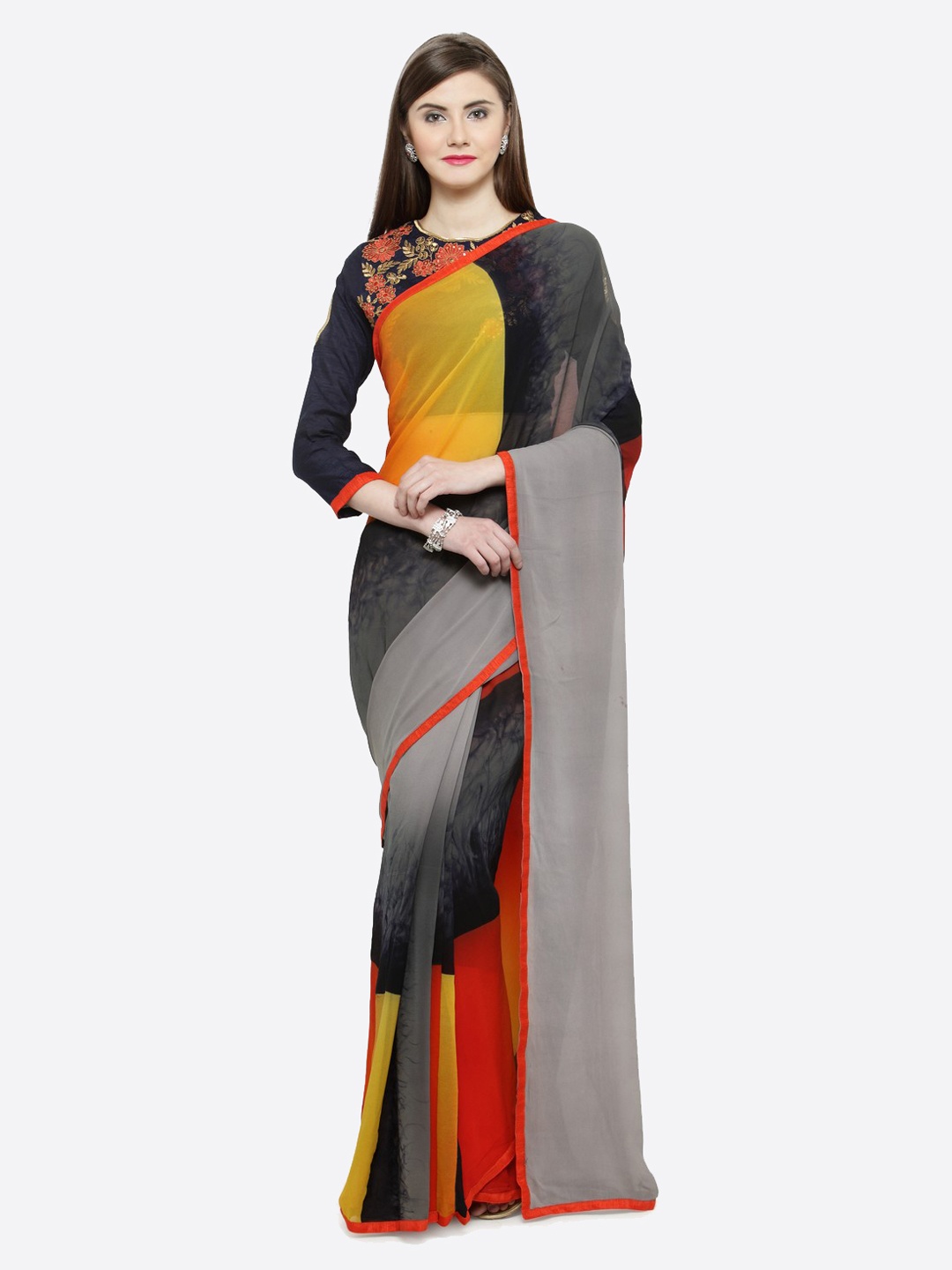 

Shaily Yellow & Grey Pure Georgette Colourblocked Saree, Black