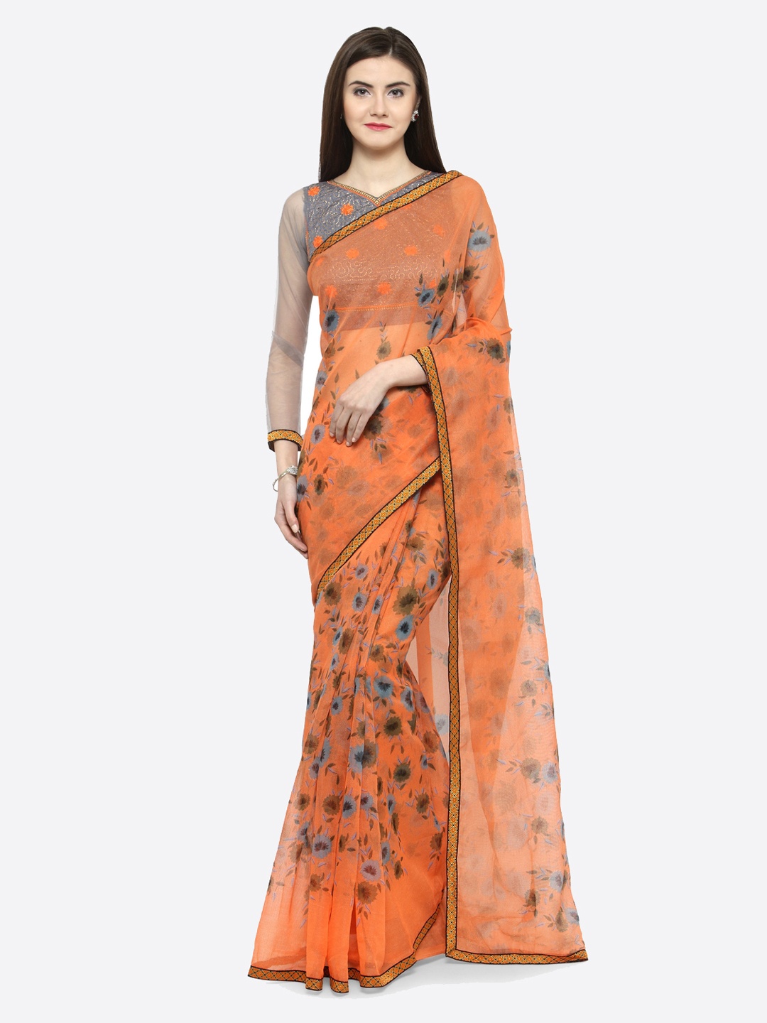 

Shaily Orange Printed Net Saree
