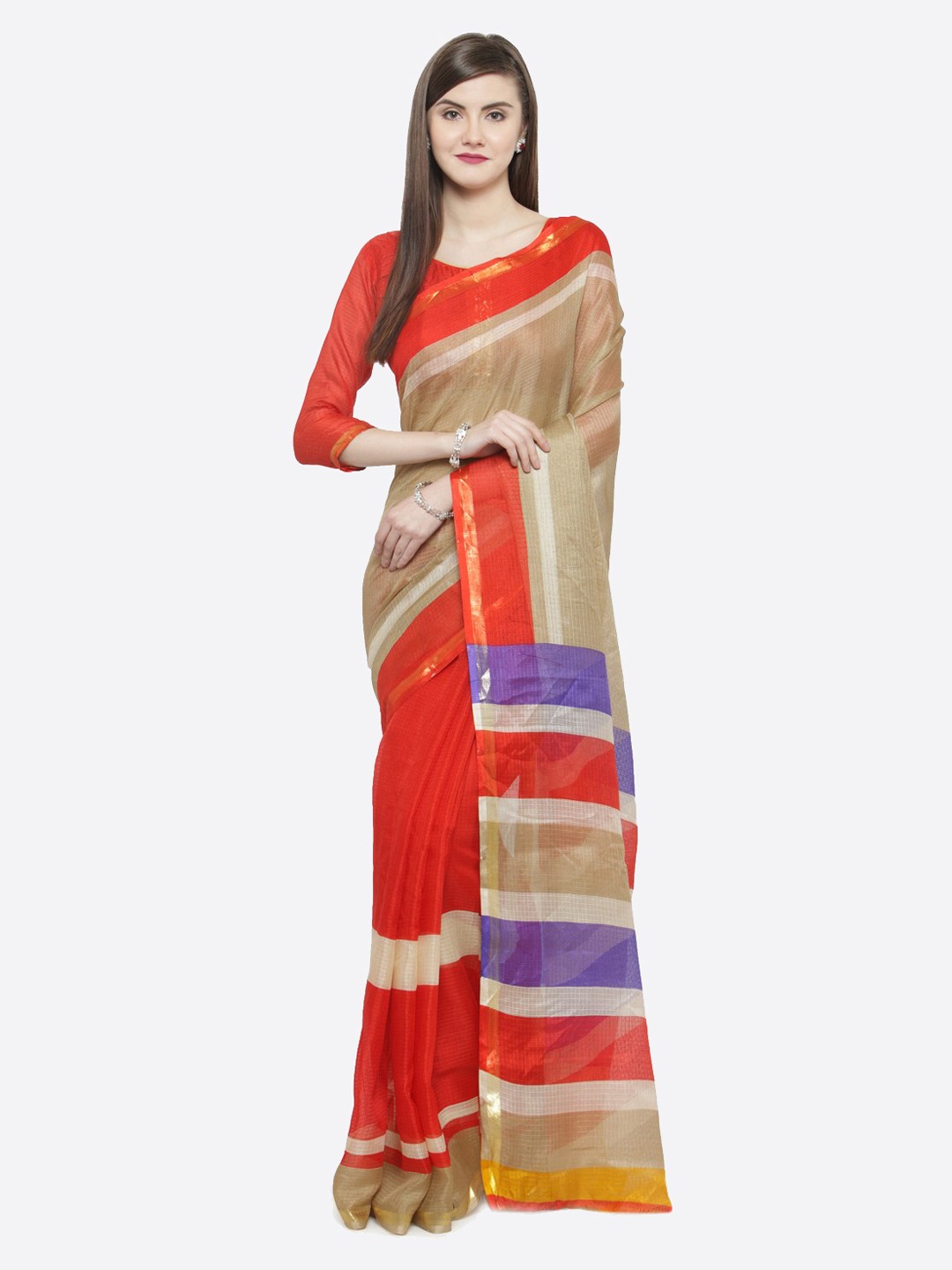 

Shaily Beige & Red Solid Half & Half Saree