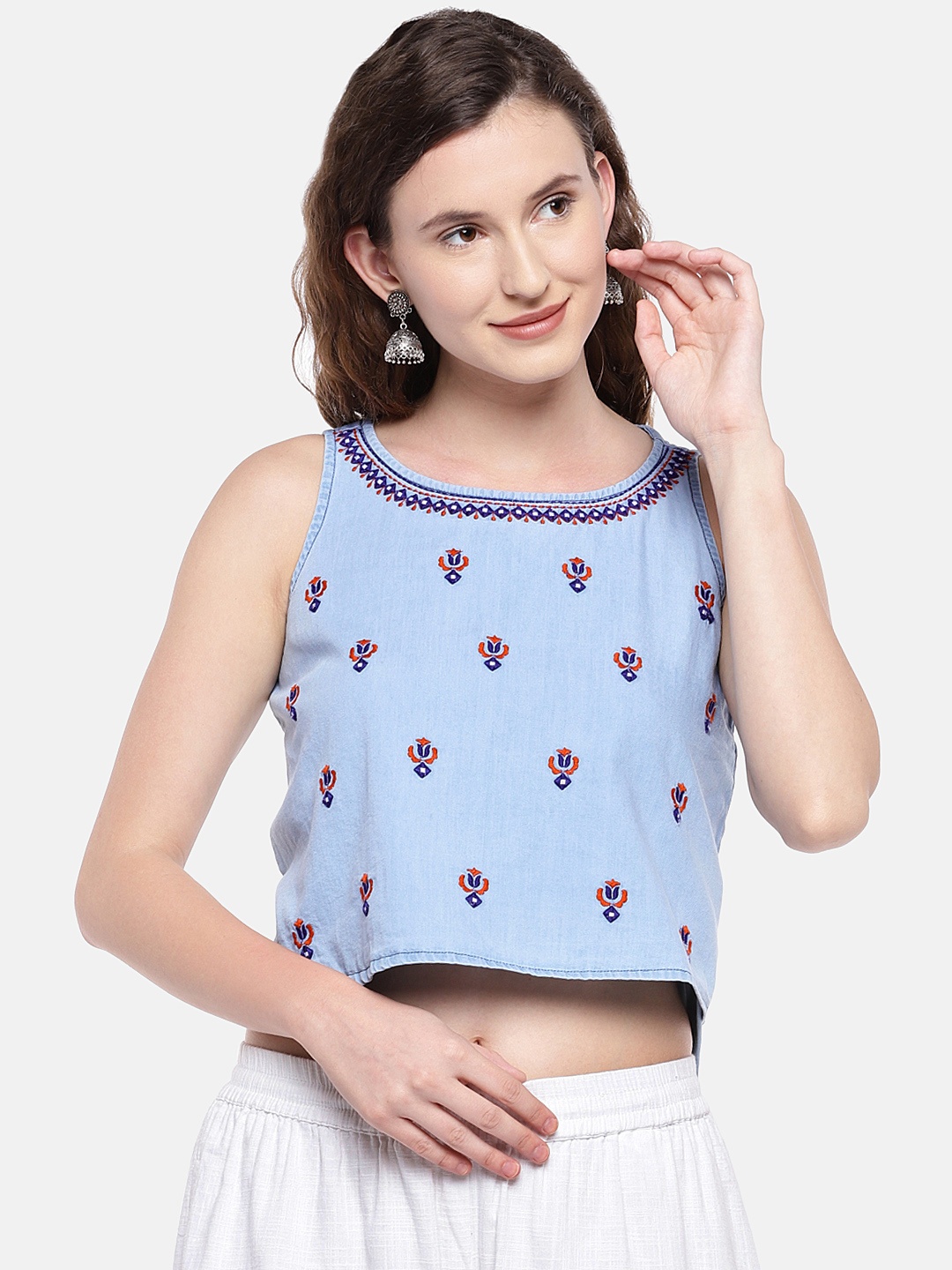 

Globus Women Blue Embroidered Crop Pure Cotton Top