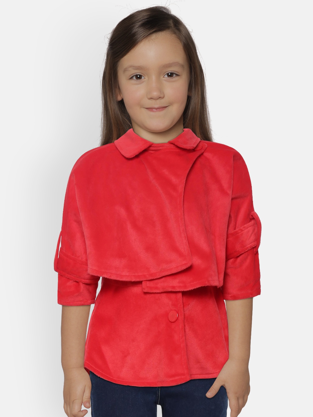 

Nauti Nati Girls Red Solid Velvet Finish Cape Overcoat