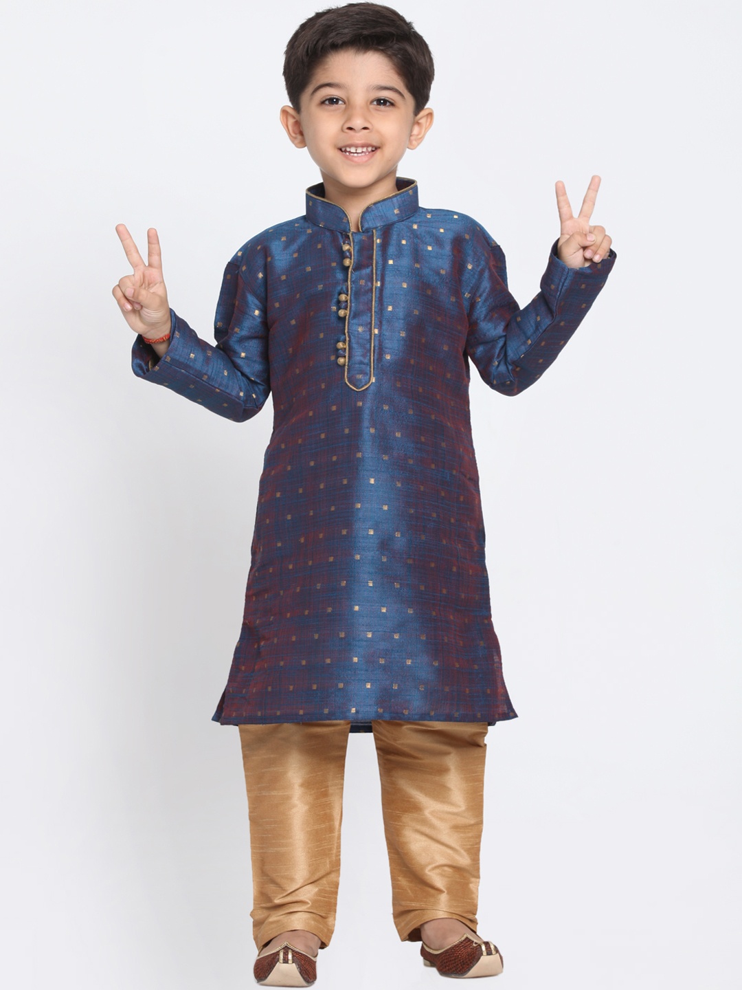 

VASTRAMAY Boys Navy Blue & Beige Self Design Kurta with Churidar