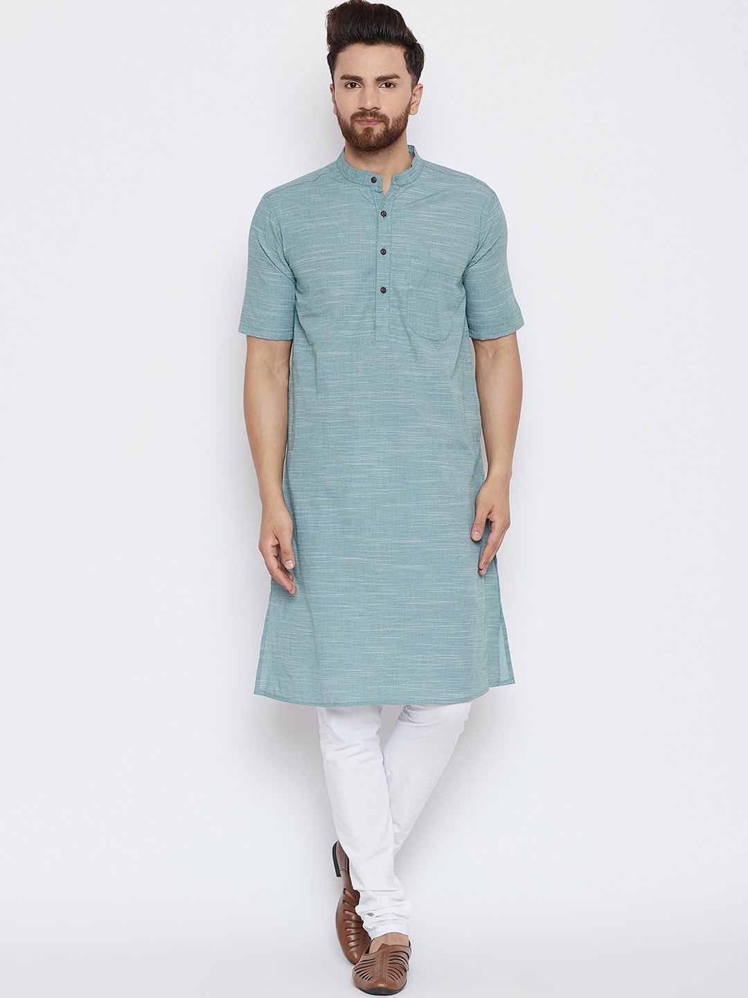 

even Men Green Striped Straight Kurta