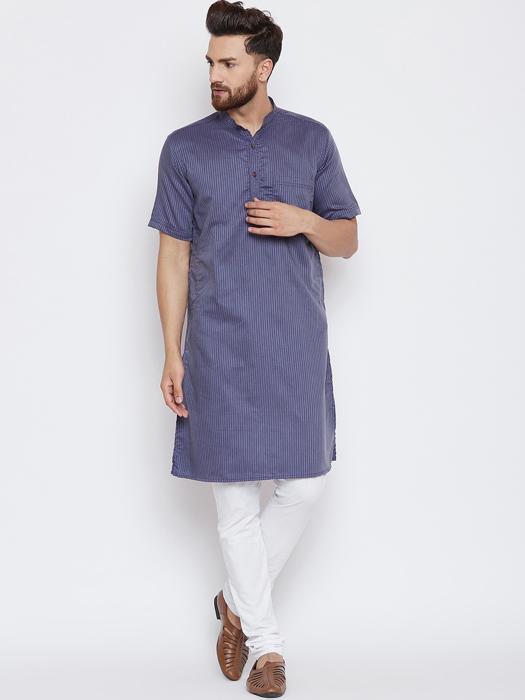 

even Men Grey Striped Straight Kurta