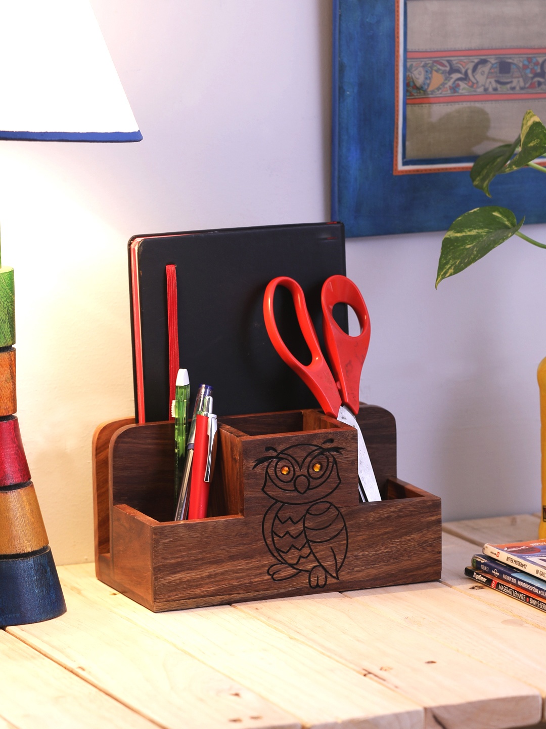 

VarEesha Brown Sheesham Wooden Divided Pen Holder & Desk Organiser