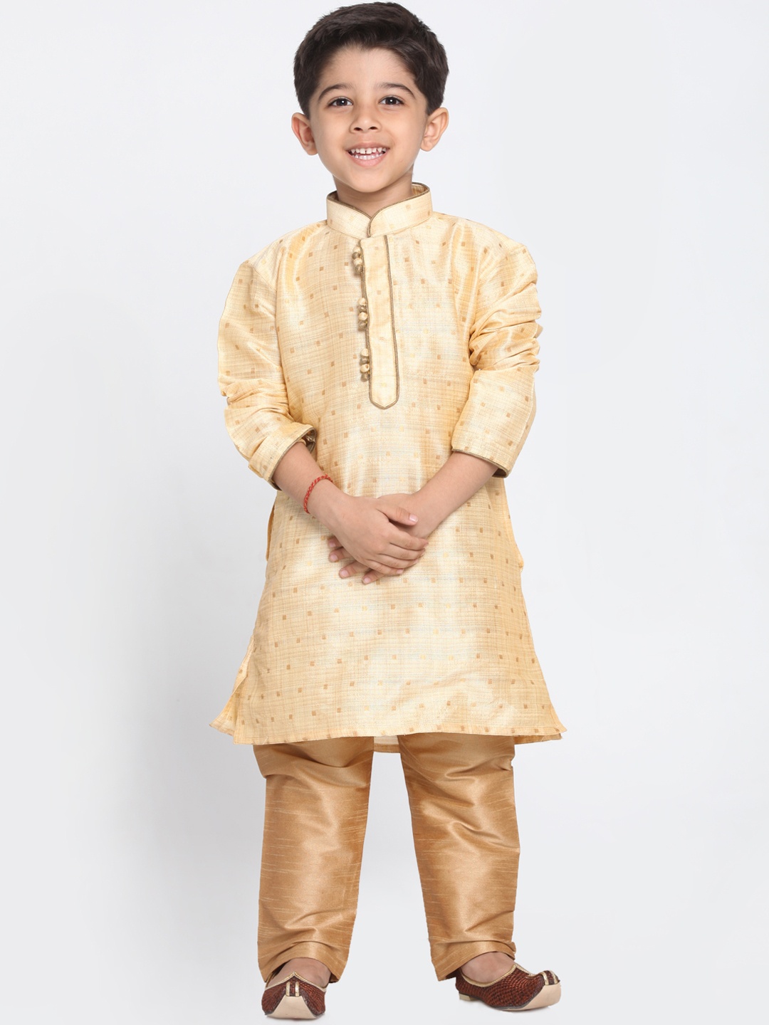 

VASTRAMAY Boys Gold-Coloured & Beige Self Design Kurta with Churidar